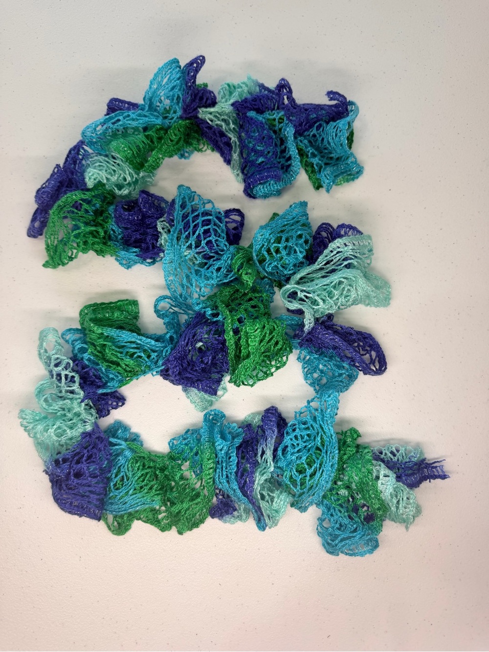 Hand Crocheted Lightweight Ruffled Knit Scarf in Blue & Green